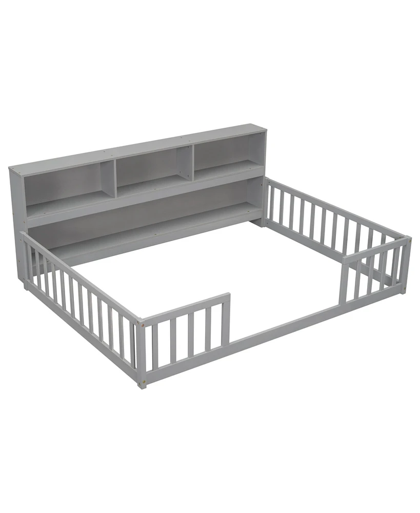Simplie Fun Full Floor Bed With Side Bookcase, Shelves, Guardrails, Grey