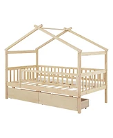 Simplie Fun Twin Size Wooden House Bed With Two Drawers, Natural