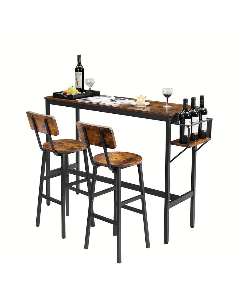 Simplie Fun Bar Table Set With Wine Bottle Storage Rack. Rustic Brown, 47.24" L X 15.75" W X 35.43" H