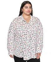 Karl Lagerfeld Paris Plus Whimsical Graphic Button-Front Blouse, Created for Macy's