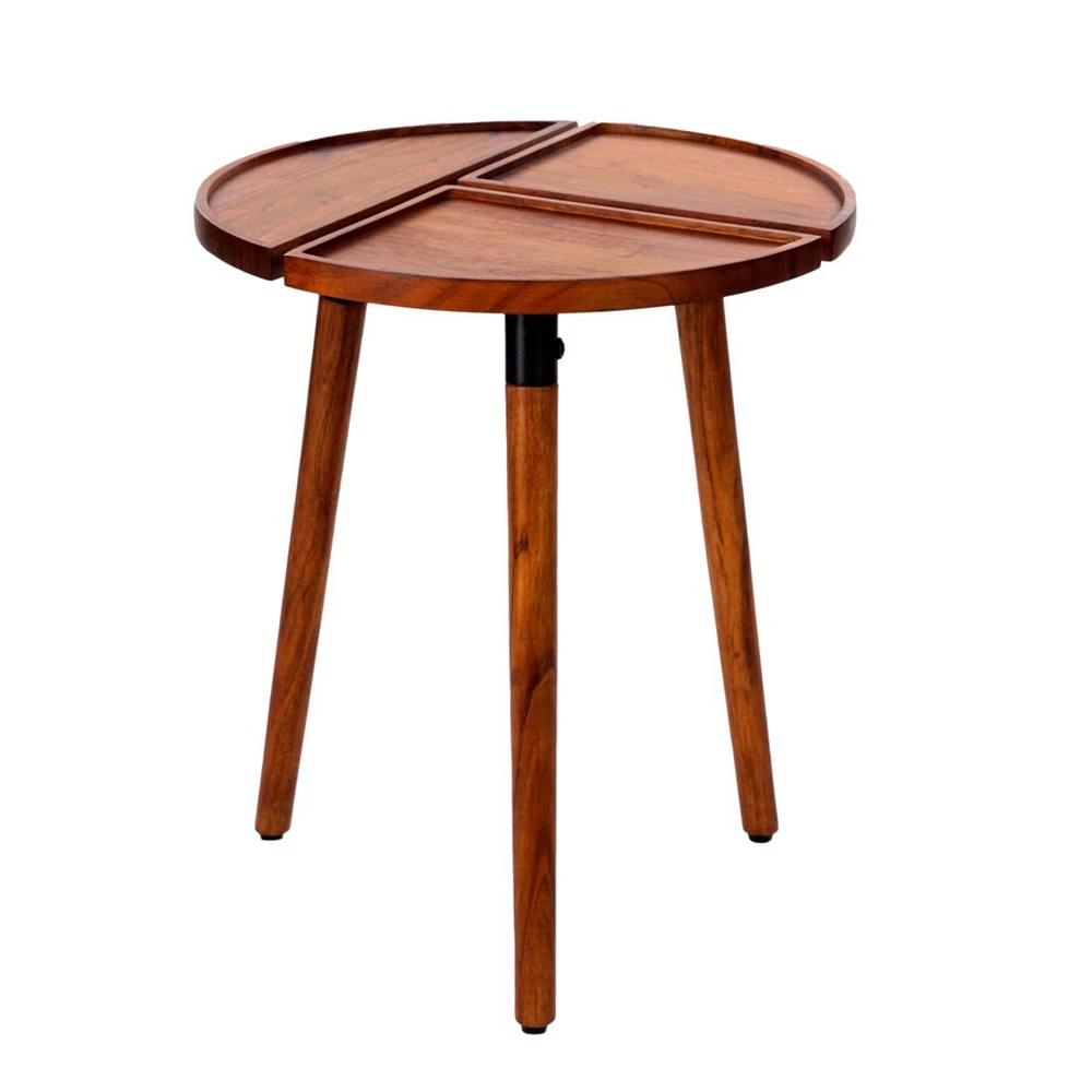 Simplie Fun 18 Inch Round Acacia Wood Side Accent End Table With 3 Tabletop Sections, Warm Brown