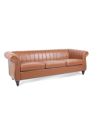 Simplie Fun 83.46" Brown Pu Rolled Arm Chesterfield Three Seater Sofa