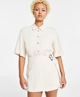 Bar Iii Women's Belted Short-Sleeve Utility Romper, Created for Macy's