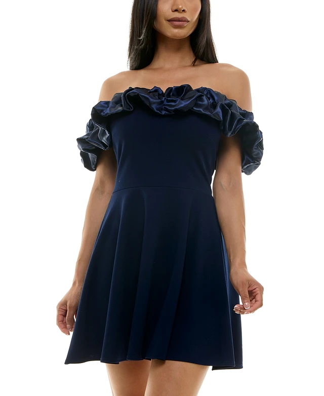 b darlin juniors' off-the-shoulder shirred bodycon dress Ruffle-Trim Mini Sheath-Column Maxi Chiffon Yellow