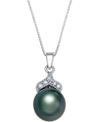 Tahitian Pearl (9mm) and Diamond Accent Pendant Necklace in 14k White Gold