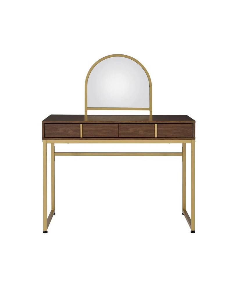 Simplie Fun Coleen Vanity Desk with Mirror & Jewelry Tray In Walnut & Gold Finish