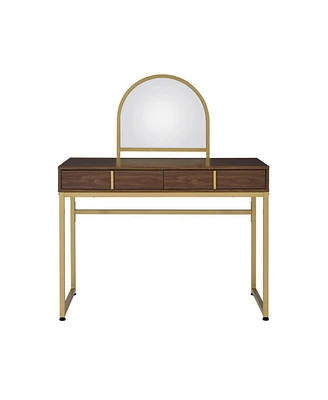 Simplie Fun Coleen Vanity Desk with Mirror & Jewelry Tray In Walnut & Gold Finish