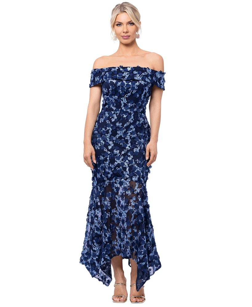 Xscape 3D-Floral Off-The-Shoulder Gown