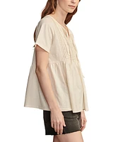 Lucky Brand Women's Cotton Embroidered Babydoll Tie-Neck Top