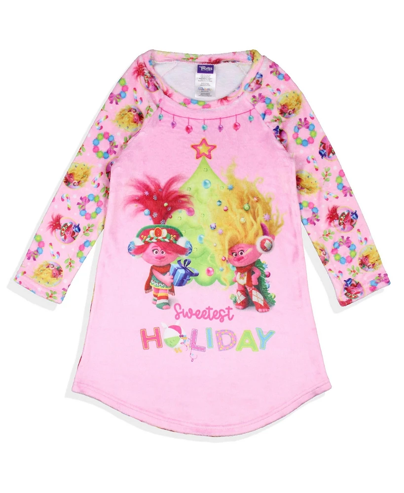 Trolls Girl's Sweetest Holiday Poppy And Viva Plush Fleece Raglan Kids Pajama Nightgown