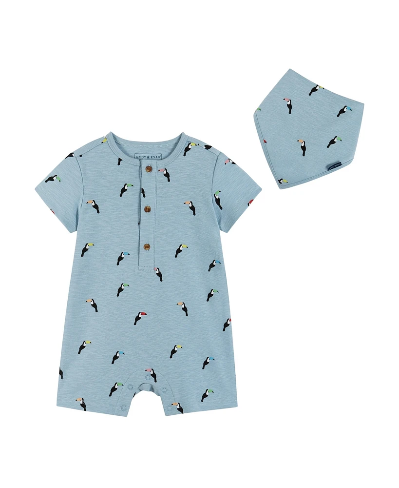 Andy & Evan Baby Boys Blue Toucan Print Knit Short Sleeve Romper With Bib