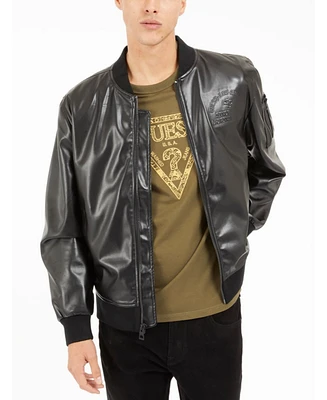 Guess Men's District Faux-Leather Full-Zip Bomber Jacket