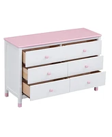 Streamdale Furniture Wooden Storage Dresser With 6 Drawers, Storage Cabinet For Kids Bedroom, White+Pink