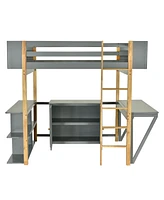 Simplie Fun Twin Wood Loft Bed With Built-In Storage Cabinet And Cubes, Foldable Desk