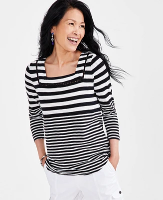 Style & Co Petite Stripe Square-Neck 3/4-Sleeve Top