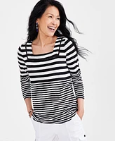 Style & Co Petite Stripe Square-Neck 3/4-Sleeve Top