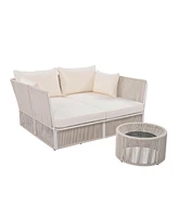 Simplie Fun Outdoor Sunbed & Coffee Table Set, Double Chaise Lounger, Patio Daybed (Beige Cushion + Rope)