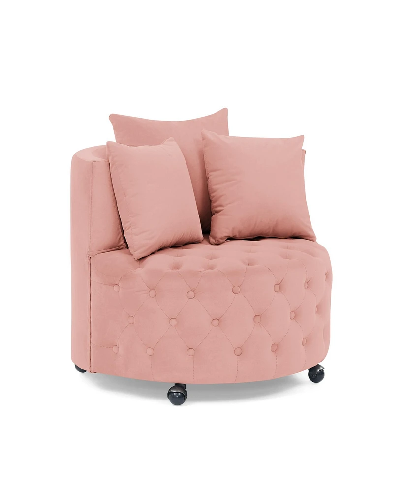 Simplie Fun Pink Velvet Swivel Chair with Tufted Design & Pillows