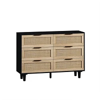 43.31" 6-Drawers Rattan Storage Cabinet Rattan Drawer, For Bedroom, Living Room, Black