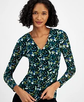 Bar Iii Women's Printed-Mesh Long-Sleeve V-Neck Top, Created for Macy's