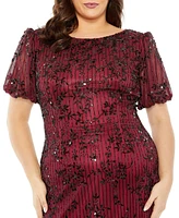 Mac Duggal Women's High Neck Puff Sleeve Embellished Dress