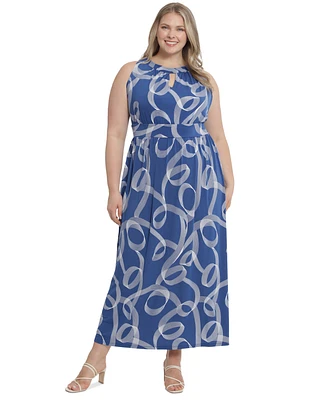 London Times Plus Halter Keyhole Printed Maxi Dress