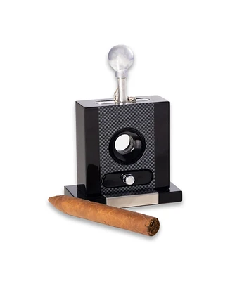 Bey-Berk Lacquered Carbon Fiber Design Wood and Stainless Steel Table Top Guillotine Cigar Cutter with Drawer for Cuttings.