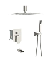 Simplie Fun 16" Rain Shower Head Systems With Waterfall Tub Spout, Brushed Nickel, Ceiling Mounted Shower