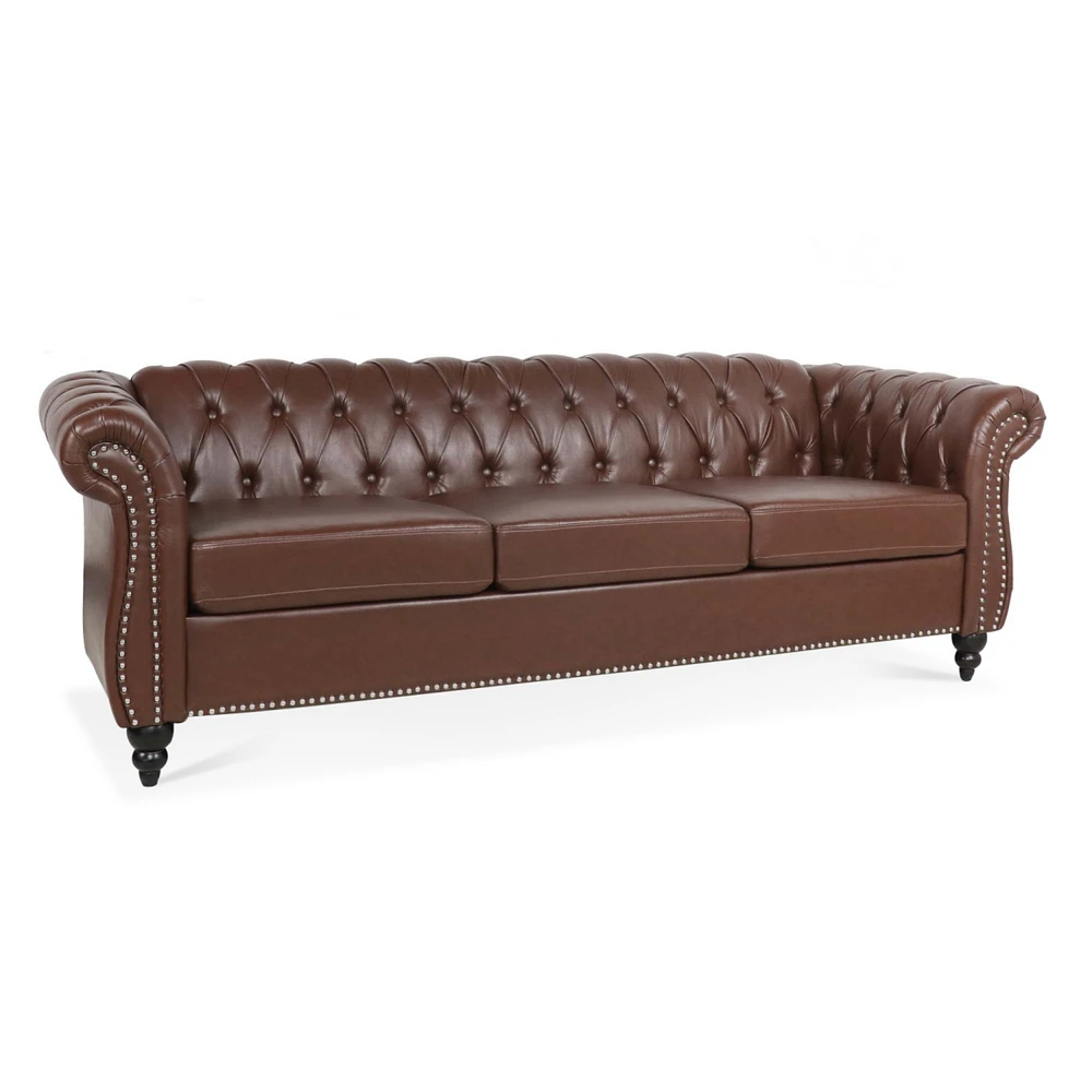 Simplie Fun 84" Dark Brown Pu Rolled Arm Chesterfield Three Seater Sofa