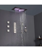 Mondawe Free Combination Handles 3 Functions 5 Sprays Flush Ceiling Mounteded Luxury Led and Music Thermostatic Shower System with 3 Body Jets and Sli