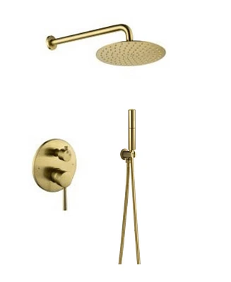 Mondawe High Pressure Wall Mounteded Pressure-Balanced 3 Functions Shower System with Massage Spray and Rough-in Valve in Brushed Gold