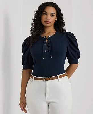 Lauren Ralph Plus Lace-Up Puff-Sleeve Top