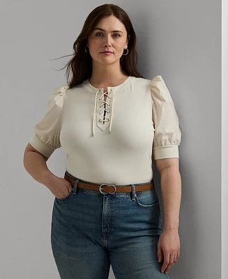 Lauren Ralph Plus Lace-Up Puff-Sleeve Top