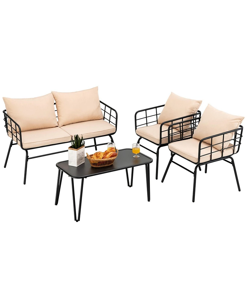 Gymax 4PCS Patio Conversation Set Outdoor Furniture Set w/ Cushions Steel Structure