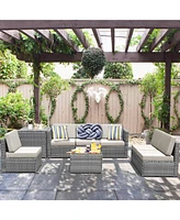 Gymax 8PCS Patio Rattan Sofa Sectional Conversation Furniture Set w/ White Cushion