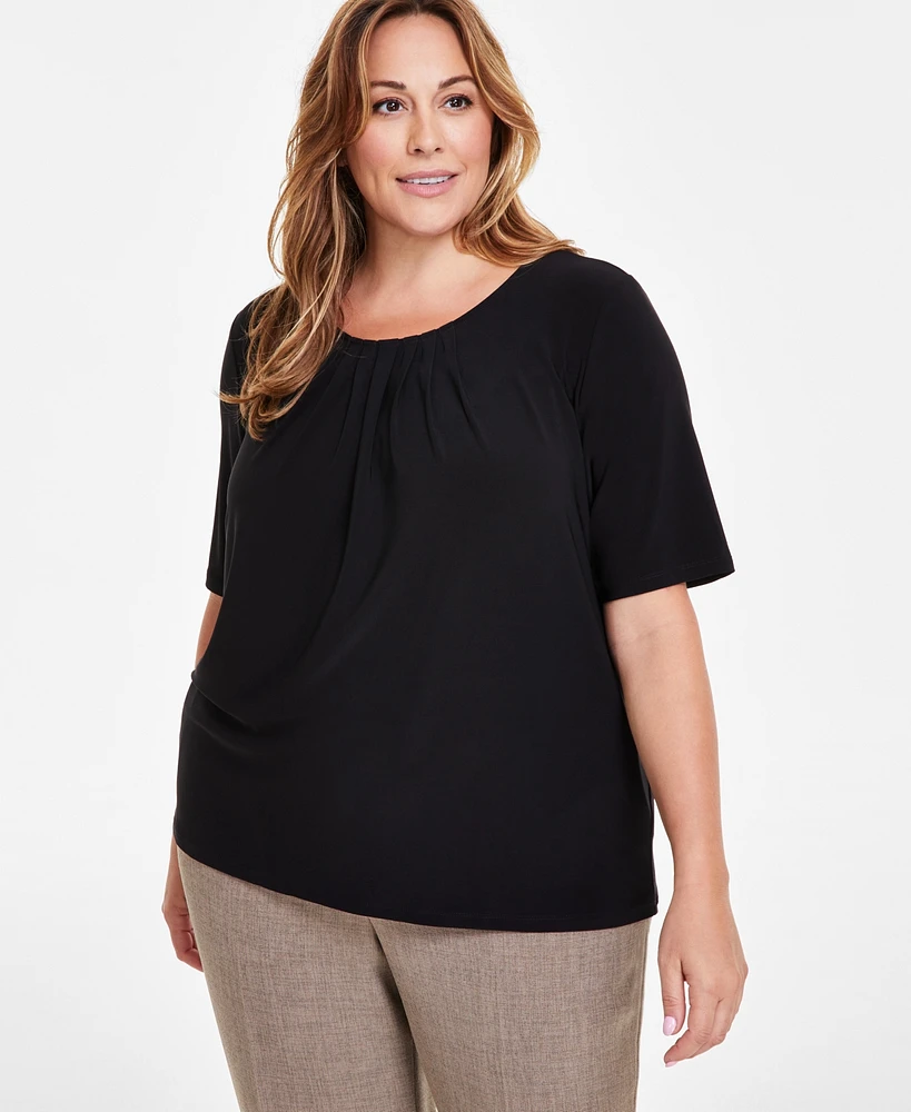 Kasper Plus Solid Pleat-Front Short-Sleeve Blouse