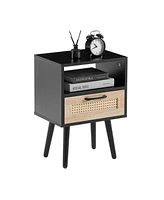 Simplie Fun Rattan End table with drawer and solid wood legs, Modern nightstand, side table for living room, bedroom