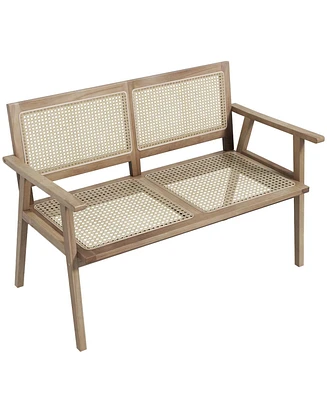 Costway Teak Wood Garden Bench 2-Person Bench with Armrests, Rattan Backrest & Seat