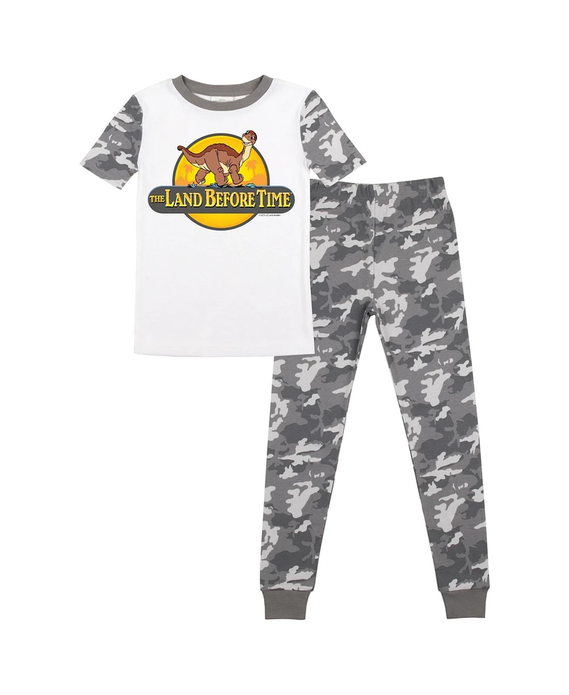 The Land Before Time Big Boys Littlefoot Youth Short Sleeve Pajama Set With Camo Design