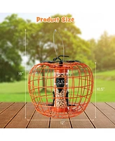 Costway Squirrel-Proof Pumpkin Bird Feeder with Cage 4 Metal Ports 4 Perches Drainage Hole