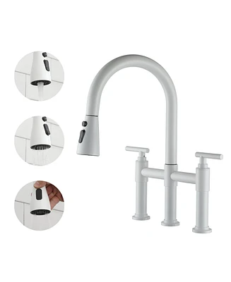 Mondawe 3 Way Spray Function Bridge Kitchen Faucet with Pull Down Sprayer 8" Widespread 360 Swivel Spout