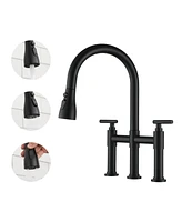 Mondawe 3 Way Spray Function Bridge Kitchen Faucet with Pull Down Sprayer 8" Widespread 360 Swivel Spout