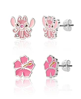 Disney Lilo and Stitch Silver Plated Angel & Flower Stud Earring Set