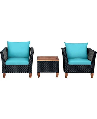 Gymax 3PCS Patio Rattan Conversation Furniture Set Yard Outdoor w/ Turquoise Cushions