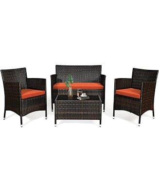 Gymax 4PCS Patio Rattan Conversation Furniture Set Outdoor w/ Orange Cushion