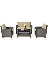 Gymax 4PCS Cushioned Rattan Conversation Set w/ Coffee Table Patio Outdoor