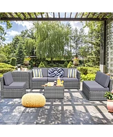 Gymax Set of 8 Gray Rattan Wicker Sofa & Table Outdoor Cushioned Sectional Patio Furniture