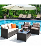 Gymax 4pcs Outdoor Rattan Furniture Set Cushioned Sofa w/Armrest Home