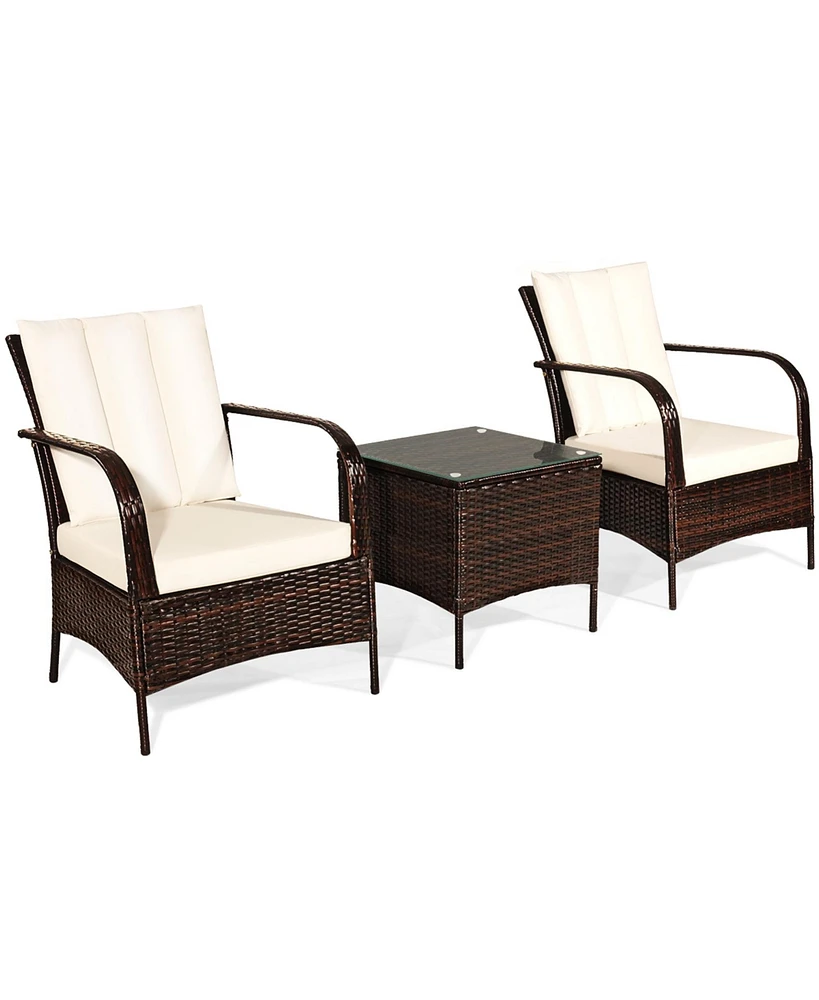 Gymax 3PCS Patio Outdoor Rattan Conversation Set Furniture Set w/ Table Cushions