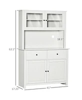 Homcom 63.5" Kitchen Buffet with Hutch, Pantry Storage Cabinet with 4 Shelves, Drawers, Framed Glass Doors, Open Microwave Countertop, Antique White